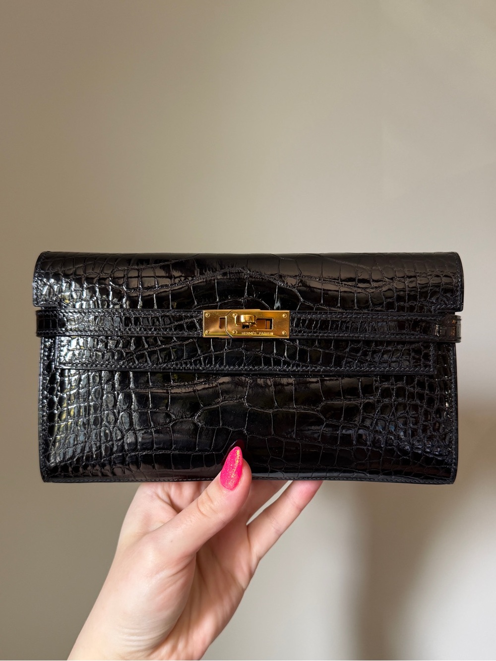 HERMES Shiny Alligator Kelly Classique Wallet